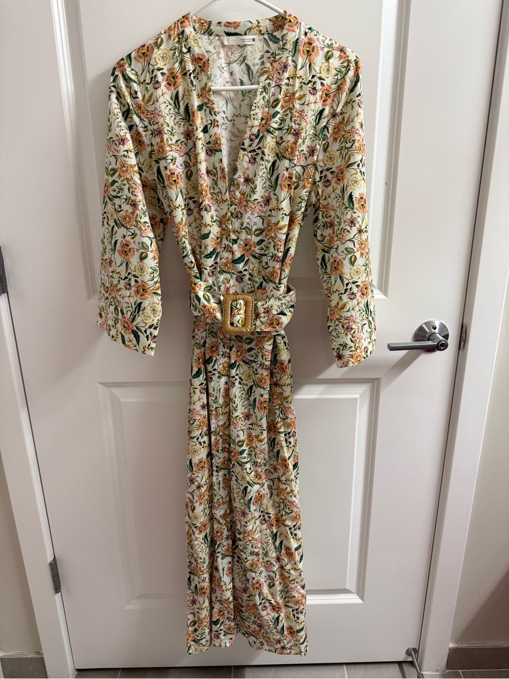 H&M Floral Print Belted Maxi Dress - Cream
